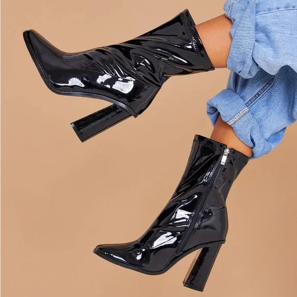 PrettyLittleThing Shoes Black Vinyl Block Heeled Sock Boots